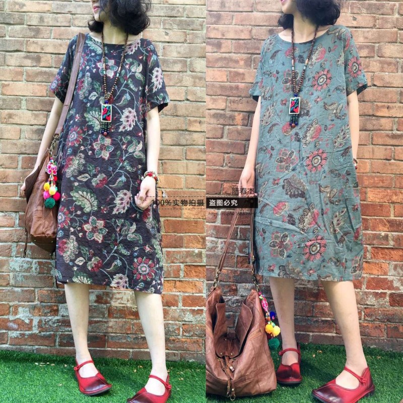 文藝花朵顯瘦連衣裙 女休閒圓領棉麻中長裙8956工廠,批發,進口,代購