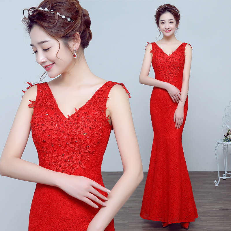 2016春季新款新娘結婚禮服敬酒服紅色蕾絲長款宴會修身顯瘦晚禮服工廠,批發,進口,代購