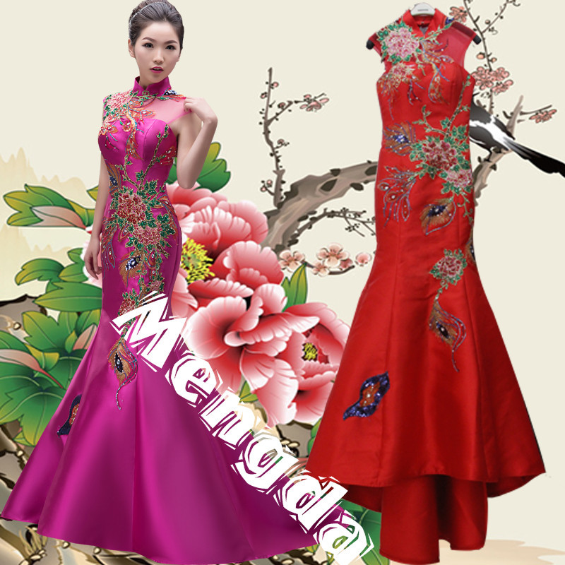 秋季玫紅新娘結婚敬酒禮服包肩高領綁帶修身長款晚禮服演出女批發工廠,批發,進口,代購