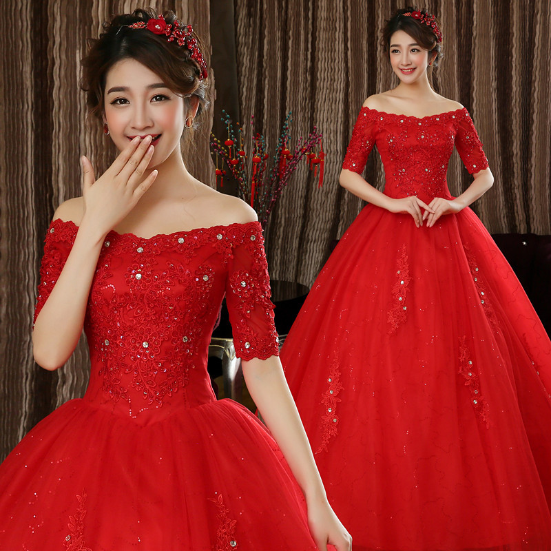 婚紗禮服2016新款新娘結婚時尚修身紅色蕾絲一字肩蓬蓬裙婚紗Y20工廠,批發,進口,代購
