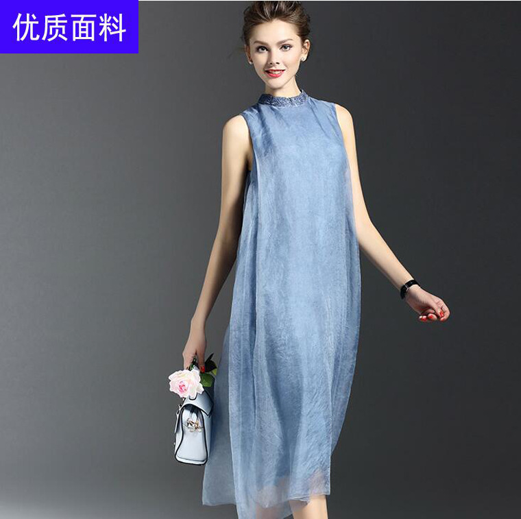 2016夏季新品 歐美氣質無袖歐根紗純色A字背心連衣長裙 一件代發工廠,批發,進口,代購