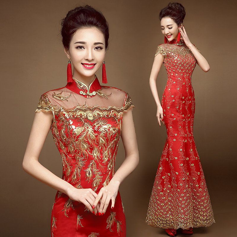 2016新款婚紗禮服新娘結婚敬酒服夏季長款旗袍蕾絲時尚魚尾改良紅工廠,批發,進口,代購