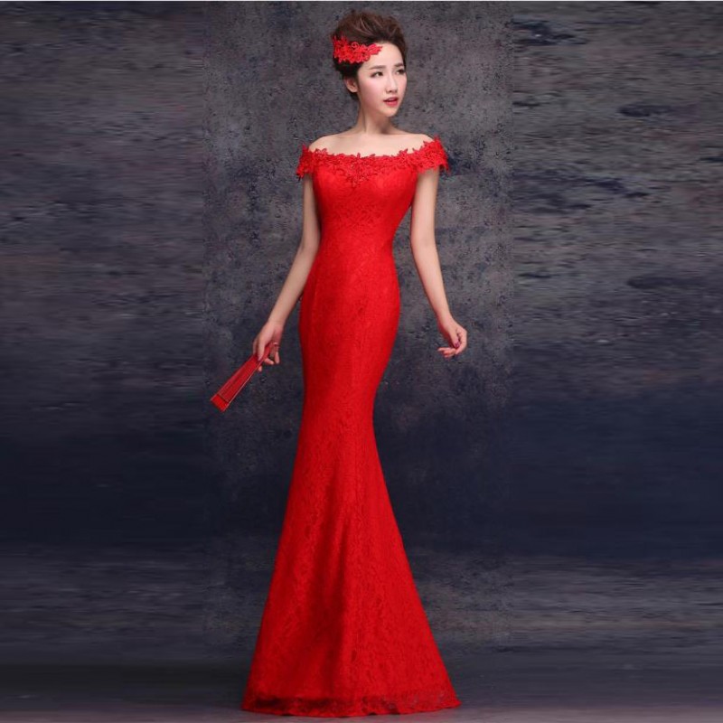 新娘敬酒服旗袍紅色結婚禮服一字肩魚尾敬酒服連衣裙短新娘裝批發・進口・工廠・代買・代購