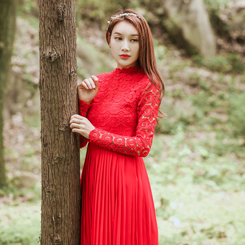 實拍喜慶結婚回門敬酒禮服鏤空百褶開叉連衣裙長袖長裙工廠,批發,進口,代購