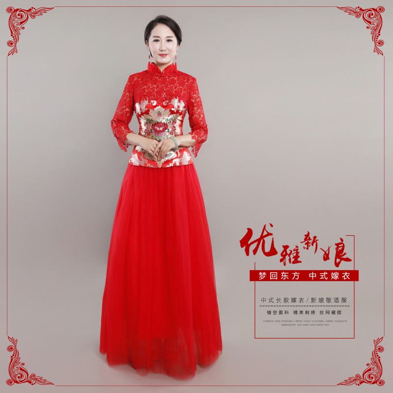新款蕾絲復古改良刺繡錦緞旗袍 七分袖長款中式晚禮服敬酒服供應工廠,批發,進口,代購