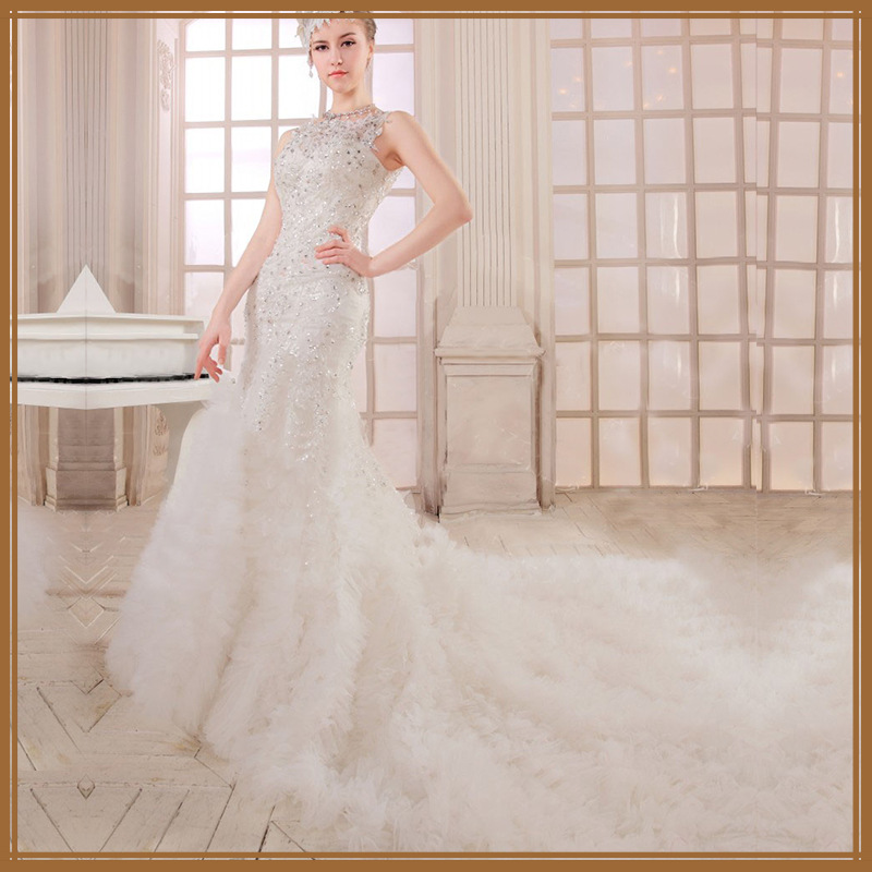 新絲璐2015奢華水晶婚紗禮服女王范露背拖尾顯瘦結婚婚紗禮服工廠,批發,進口,代購