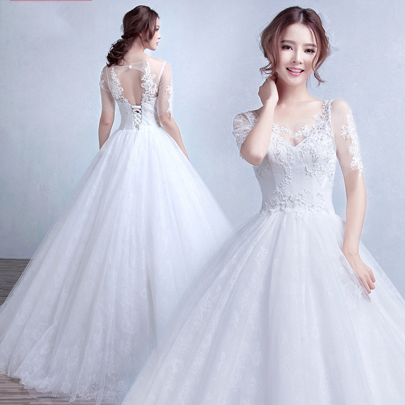 供應新款v領婚紗禮服 齊地v領婚紗廠傢批發雙肩中袖蕾絲v領婚紗工廠,批發,進口,代購