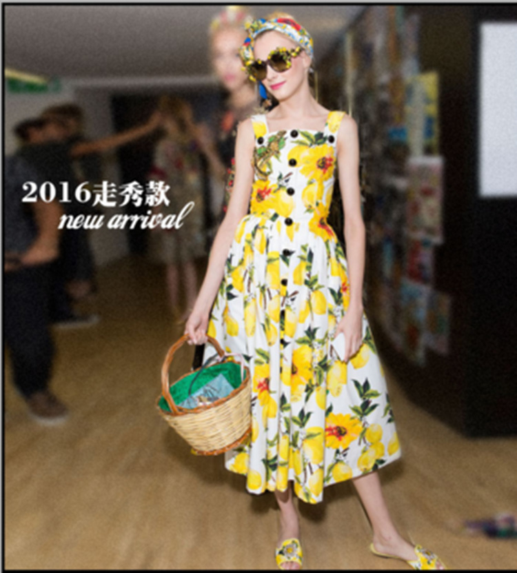 歐美大牌2016 DG走秀款 檸檬印花打底中長款修身吊帶連衣裙工廠,批發,進口,代購
