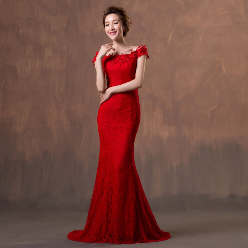 敬酒服新娘時尚2016晚禮服長款魚尾修身一字肩婚紗結婚禮服春夏工廠,批發,進口,代購