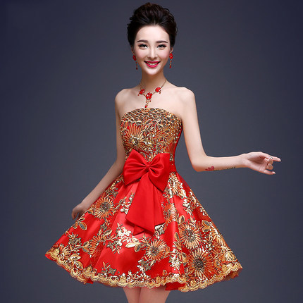 冬季晚宴新娘晚禮服結婚禮服敬酒服短款小禮服女結婚旗袍紅色批發・進口・工廠・代買・代購