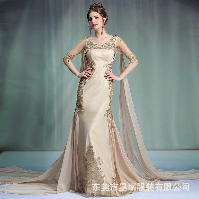 多麗琦2015夏季新款舞臺演出服拖尾修身晚禮服長款一字肩飄帶婚紗工廠,批發,進口,代購
