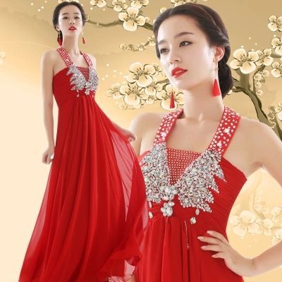 2016新款粉紅色掛脖禮服高腰孕婦大碼敬酒服長款晚裝長裙演出服批發・進口・工廠・代買・代購
