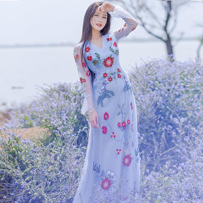 實拍 夏裝重工刺繡透視仙女中袖網紗禮服連衣裙長裙沙灘裙海邊度工廠,批發,進口,代購