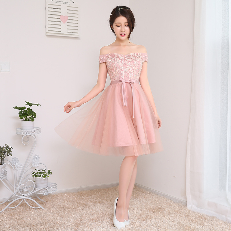 廠傢供應一字肩粉色小禮服 姐妹團伴娘團禮服 一字肩唯美綁帶禮服工廠,批發,進口,代購