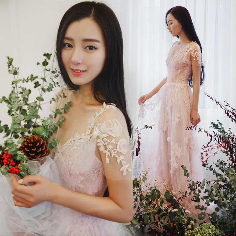 2016新款春夏長款敬酒服粉色v領新娘結婚禮服女宴會年會晚禮服工廠,批發,進口,代購