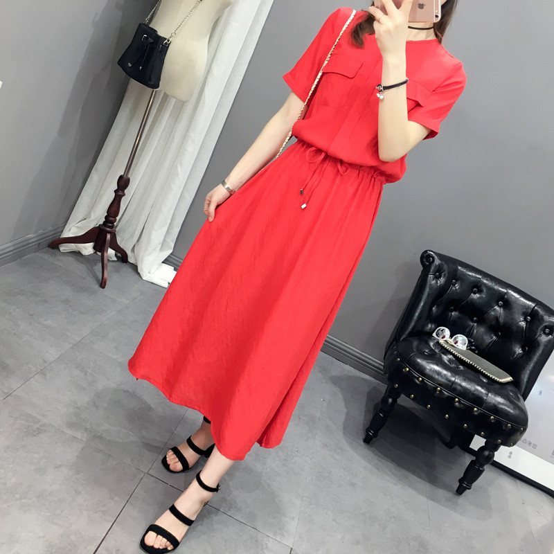 歐洲站2016夏季新品女裝下擺開叉中長款連衣裙純色顯瘦棉麻長裙子工廠,批發,進口,代購