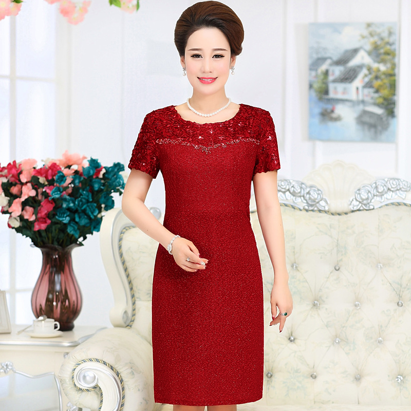 2016夏裝婚禮媽媽裝連衣裙短袖新款禮服修身紅色婚宴禮服裙工廠,批發,進口,代購
