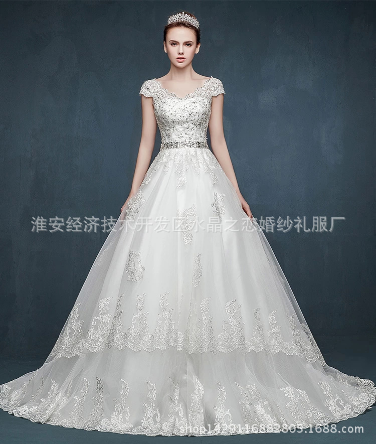 水晶之戀2016新款復古蕾絲包肩V領鉆桃心領拖尾新娘結婚春季婚紗工廠,批發,進口,代購