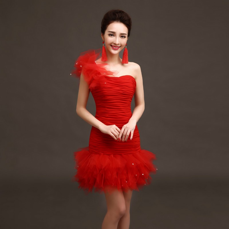 2016新款新娘紅色敬酒服宴會晚禮服時尚短款單肩結婚主持禮服批發工廠,批發,進口,代購