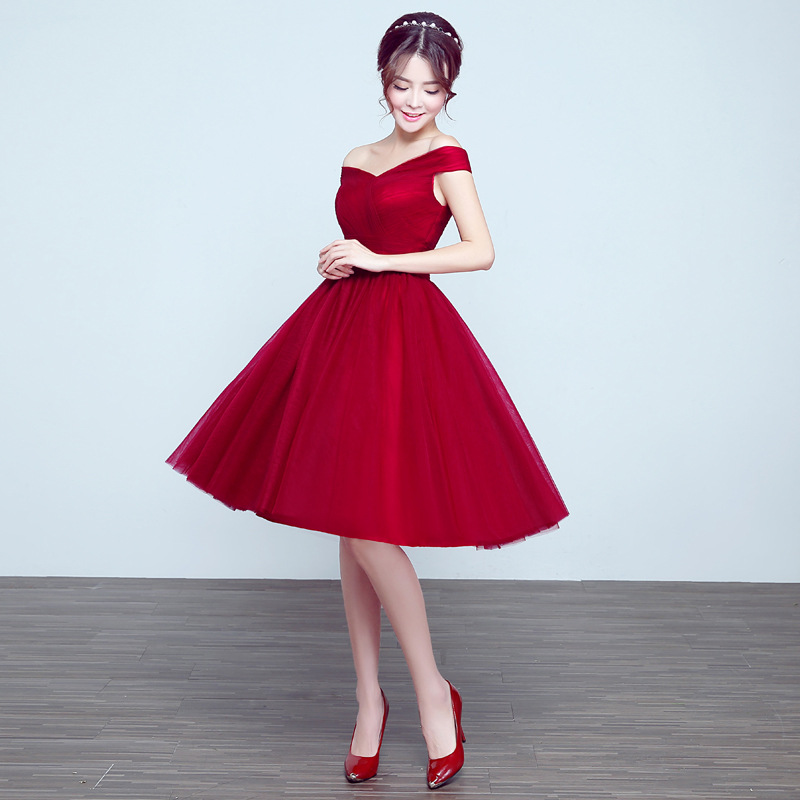 敬酒服2016春季新款一字肩短款紅色新娘結婚韓式顯瘦宴會晚禮服女工廠,批發,進口,代購