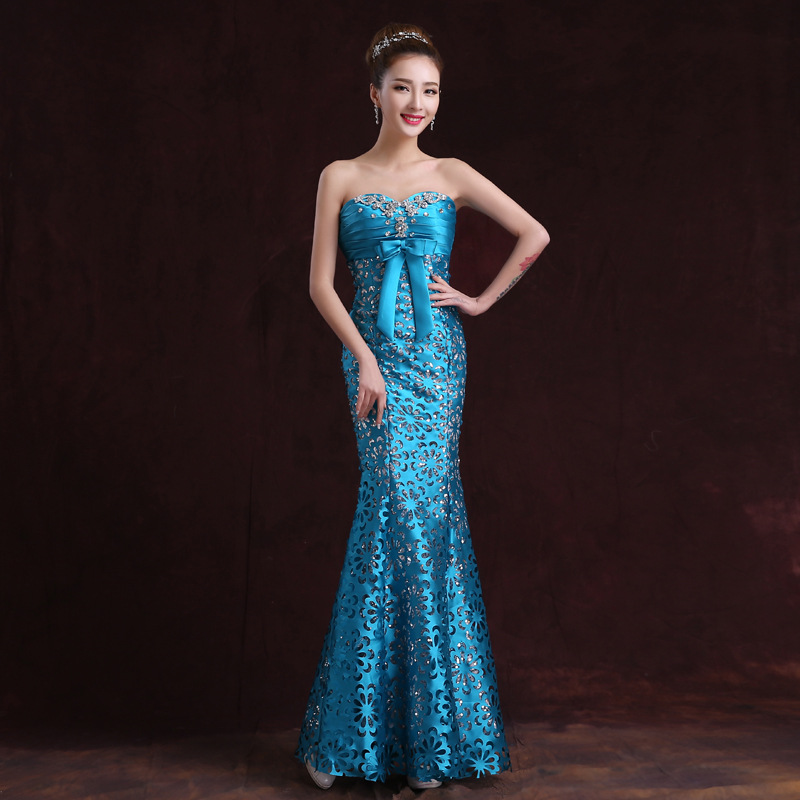 藍色抹胸2015新款婚紗禮服冬伴娘新娘結婚魚尾禮服長款敬酒晚禮服工廠,批發,進口,代購