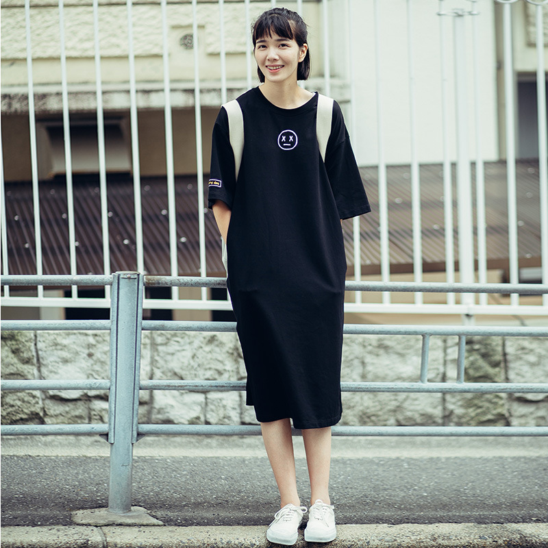 鹿與飛鳥字母笑臉刺繡寬松文藝百搭黑色連衣裙T恤裙女2016夏季新工廠,批發,進口,代購