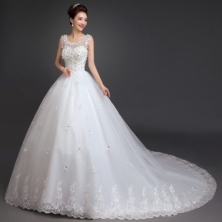 批發2016新款新娘韓式蕾絲花朵高腰綁帶影樓豪華大拖尾結婚紗TH58工廠,批發,進口,代購