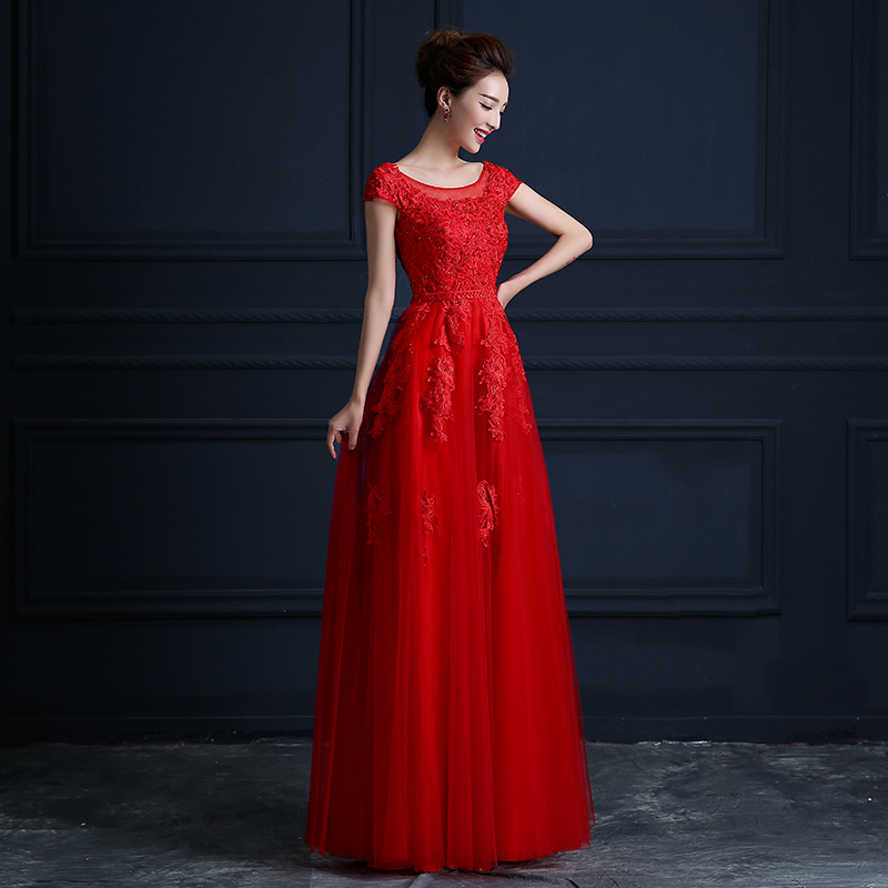 晚禮服新款2015秋季圓領新娘敬酒服長款修身紅色結婚顯瘦禮服工廠,批發,進口,代購