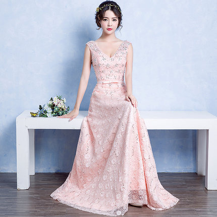 長款晚禮服2016新款修身新娘婚禮宴會敬酒服粉色主持訂婚連衣裙女工廠,批發,進口,代購