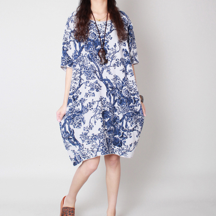 2015春夏大碼女裝復古印花寬松棉麻五分袖連衣裙女工廠,批發,進口,代購