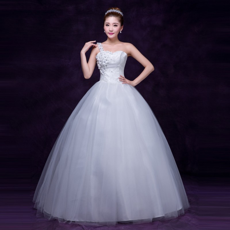 2015新款影樓單肩白紗新娘齊地收腰單肩顯瘦結婚婚紗禮服工廠,批發,進口,代購