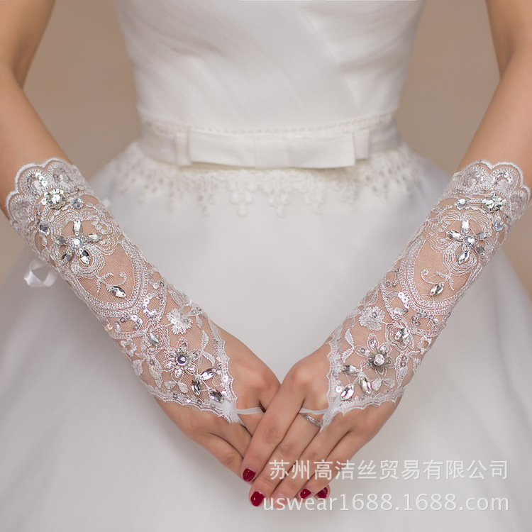 韓版新娘勾指中長款手套 鑲鉆蕾絲綁帶婚紗禮服配件批發ST1021工廠,批發,進口,代購