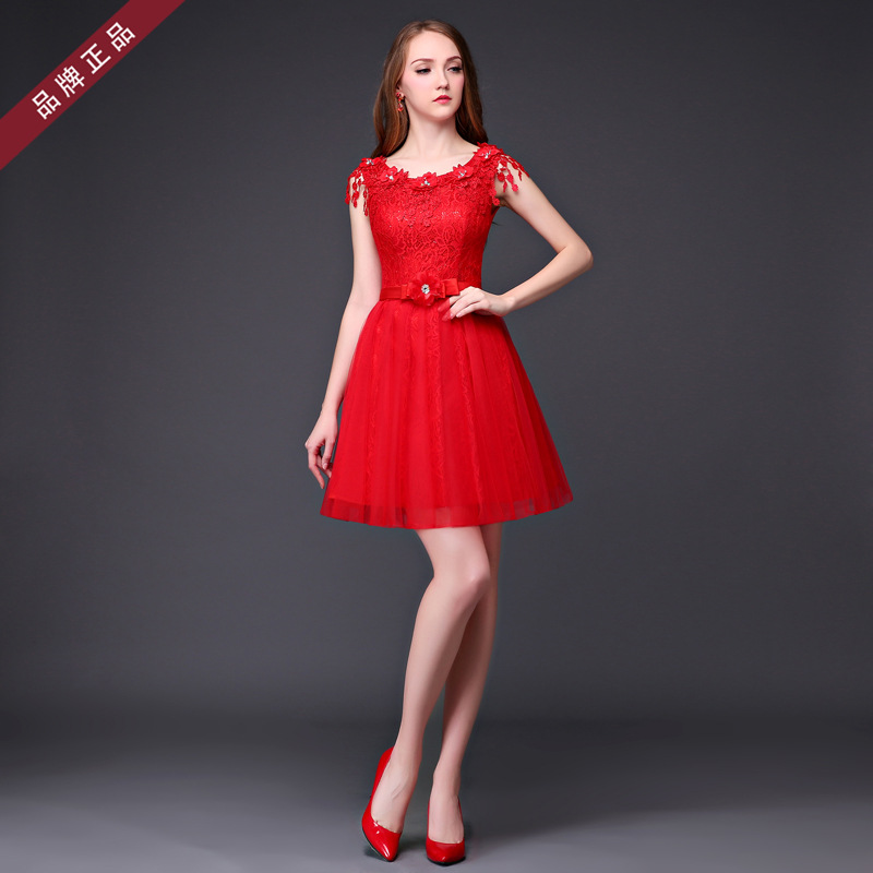 2016新款新娘敬酒服 紅色一字肩婚紗禮服蕾絲短款晚禮服批發工廠,批發,進口,代購