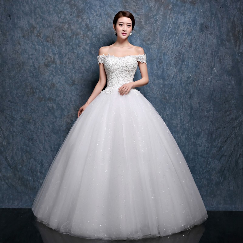 2016新款春夏季韓式新娘結婚婚紗禮服一字肩齊地公主大碼修身顯瘦工廠,批發,進口,代購