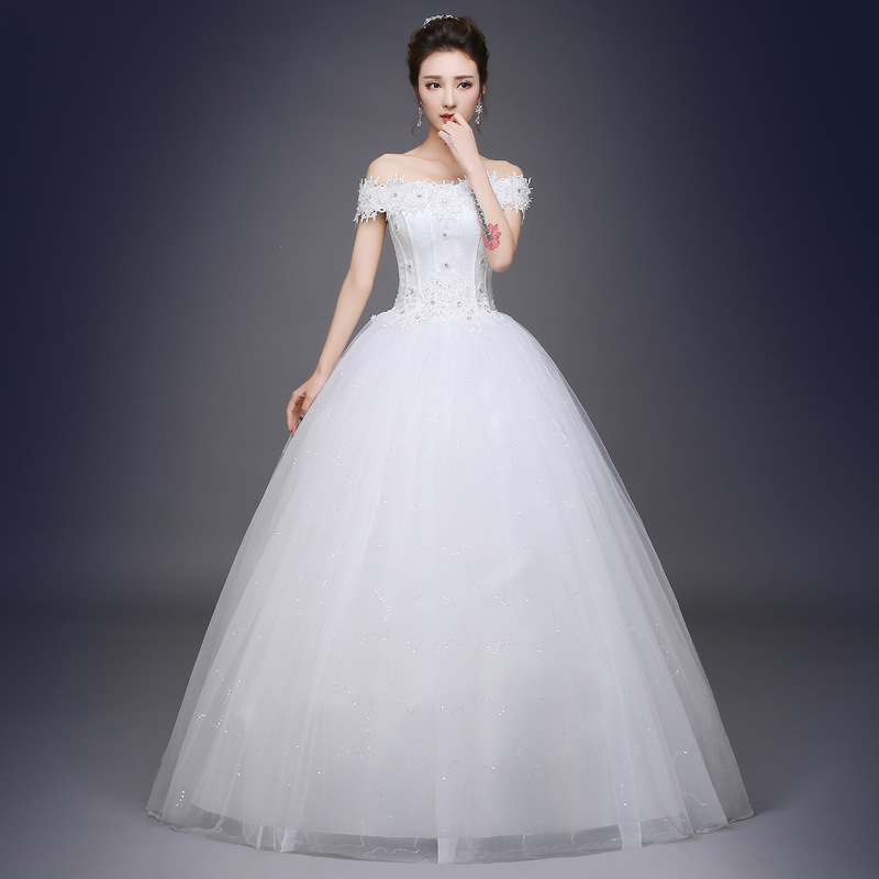 韓式新款高檔婚紗一字肩齊地新娘結婚紗雙肩大碼婚紗分銷代發H75批發・進口・工廠・代買・代購