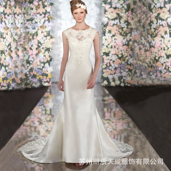2015新款 歐式奢華雙肩蕾絲修身魚尾緞麵小托婚紗 婚紗禮服批發批發・進口・工廠・代買・代購