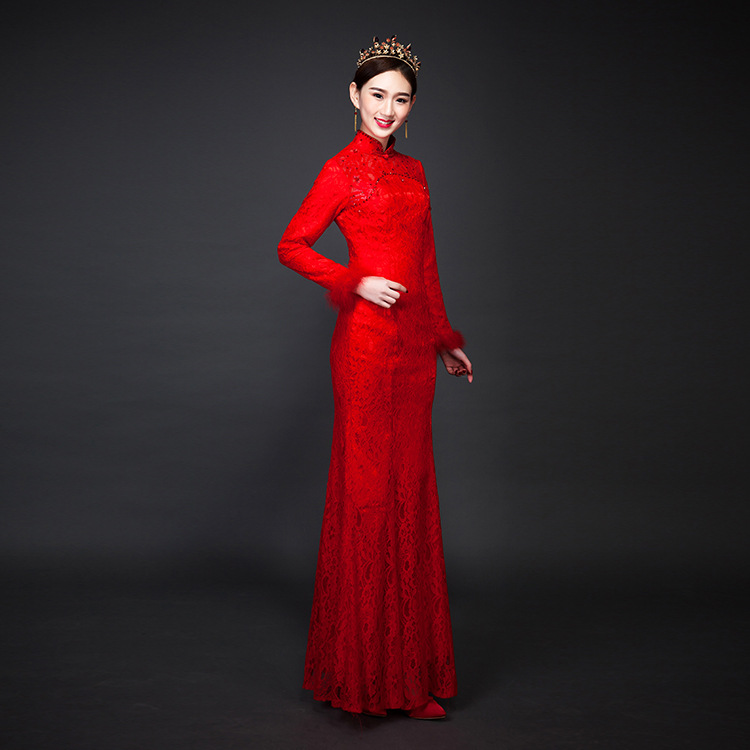 2016新款晚宴長款紅色姐妹服 高檔蕾絲婚宴新娘敬酒服中式婚紗工廠,批發,進口,代購