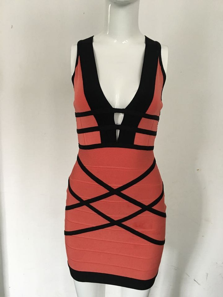 荷芙妮格herve leger 16夏歐美明星同款桔色雙肩無袖褸空連衣裙批發・進口・工廠・代買・代購