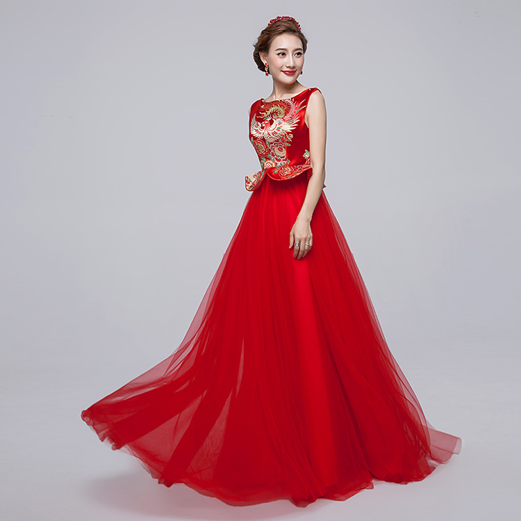 新娘結婚敬酒服 紅色長款繡花一字肩晚禮服中式嫁衣改良旗袍秀禾工廠,批發,進口,代購