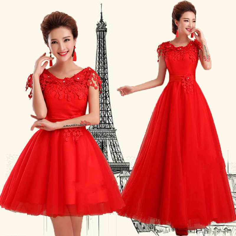 批發2015新款婚紗禮服新娘結婚紅色長款敬酒服雙肩伴娘禮服短款工廠,批發,進口,代購