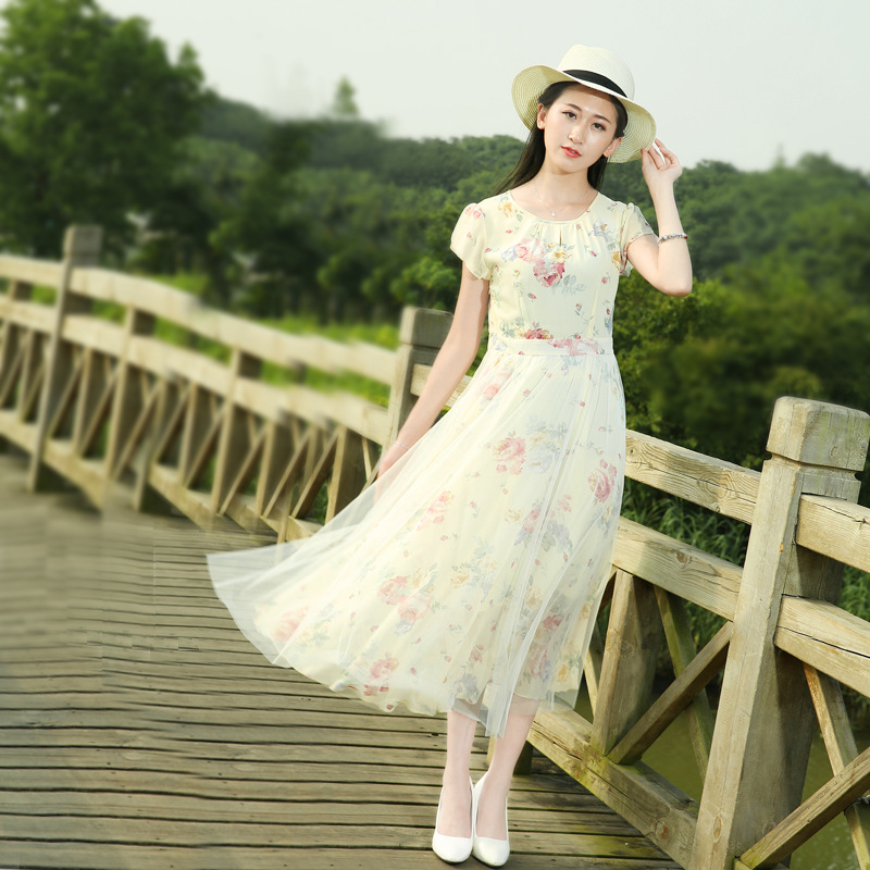 2016新品網紗連衣裙新印花大擺裙復古連衣裙夏長裙雪紡工廠,批發,進口,代購