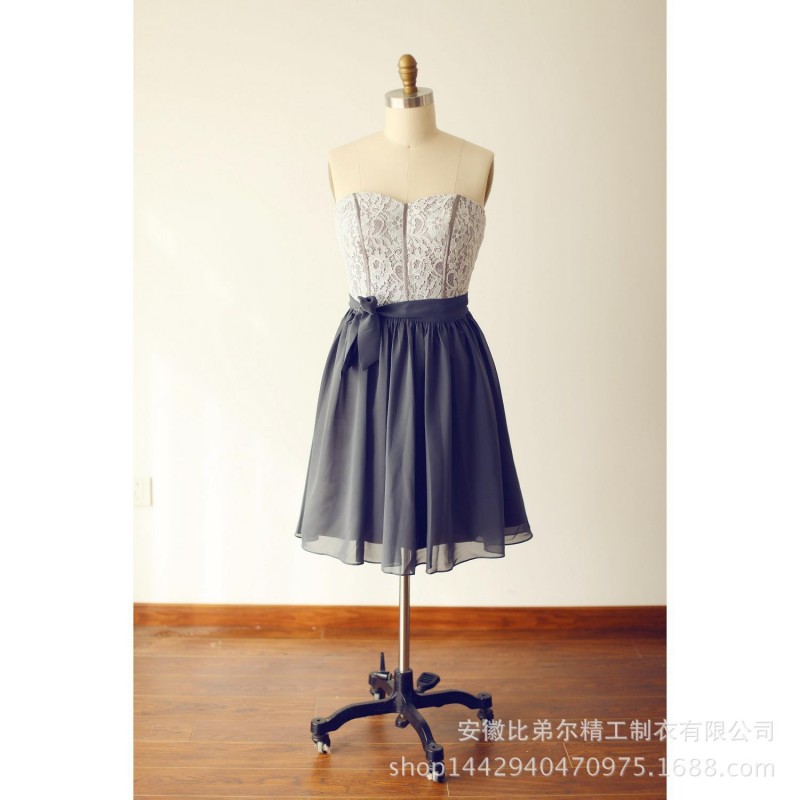 2016新款原創抹胸米色蕾絲灰色雪紡短款伴娘禮服工廠,批發,進口,代購