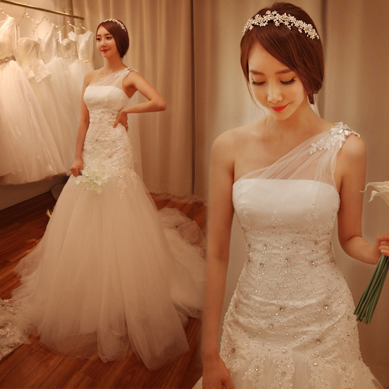2016新款韓式性感單肩蕾絲修身顯瘦魚尾拖尾新娘婚紗禮服工廠,批發,進口,代購