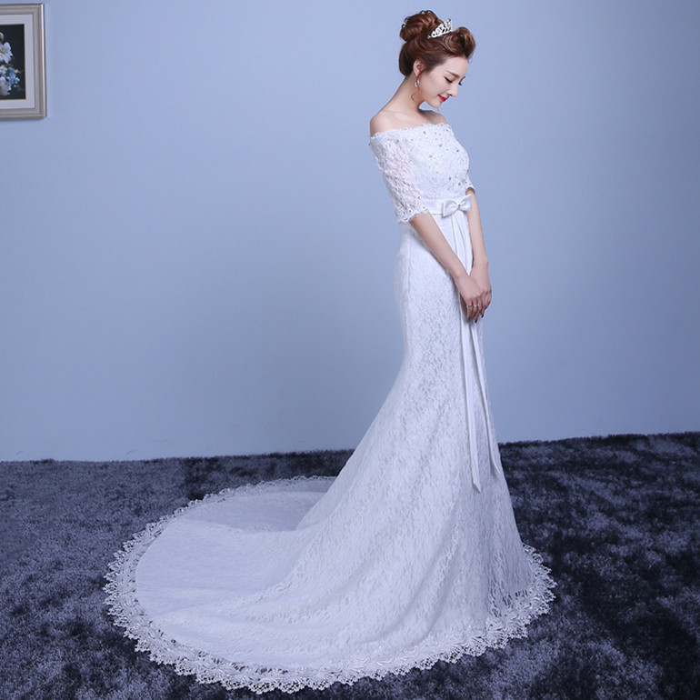 新娘魚尾婚紗禮服2016新款韓式一字肩中袖蕾絲綁帶小拖尾婚紗Y34工廠,批發,進口,代購