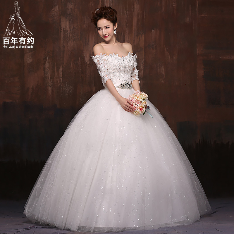 2016春新款新娘婚紗禮服 韓版一字肩蕾絲中袖綁帶齊地婚紗出門紗工廠,批發,進口,代購