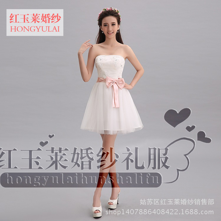 2016新款白色短款抹胸花朵小禮服 韓版伴娘團敬酒服 廠傢批發工廠,批發,進口,代購