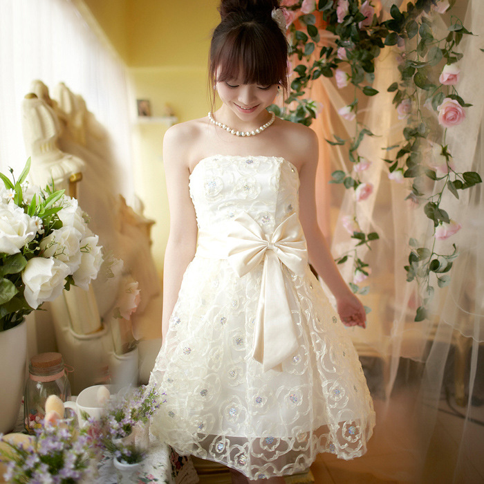 2016新款韓版伴娘禮服短款香檳色抹胸蕾絲宴會春季連衣裙工廠,批發,進口,代購
