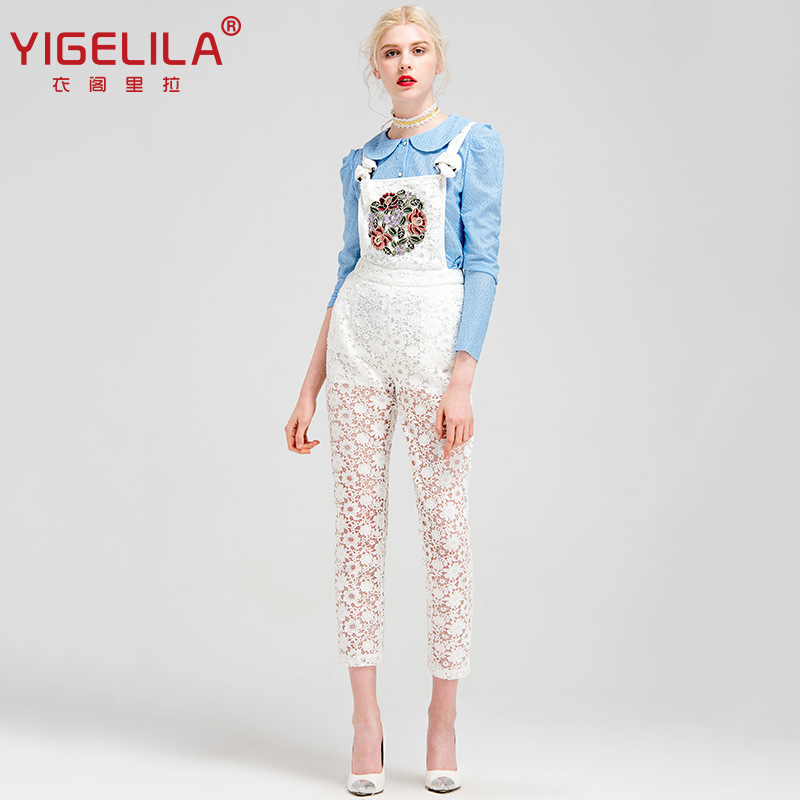 YIGELILA2016夏季新款 純色時尚收腰顯瘦蕾絲貼花透視背帶褲5322批發・進口・工廠・代買・代購