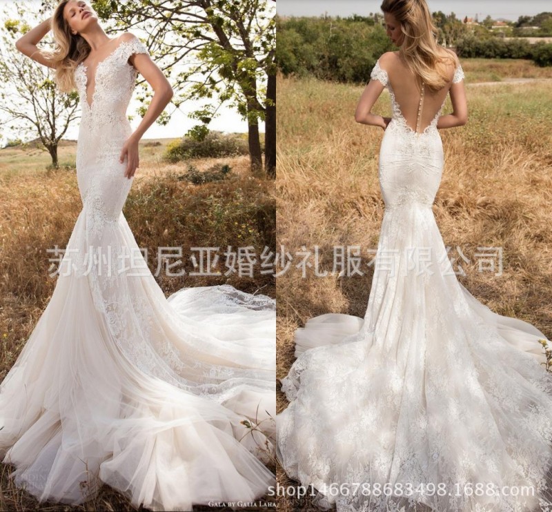 優雅蕾絲魚尾婚紗短袖露背長拖尾2017新款大牌婚紗定做工廠,批發,進口,代購