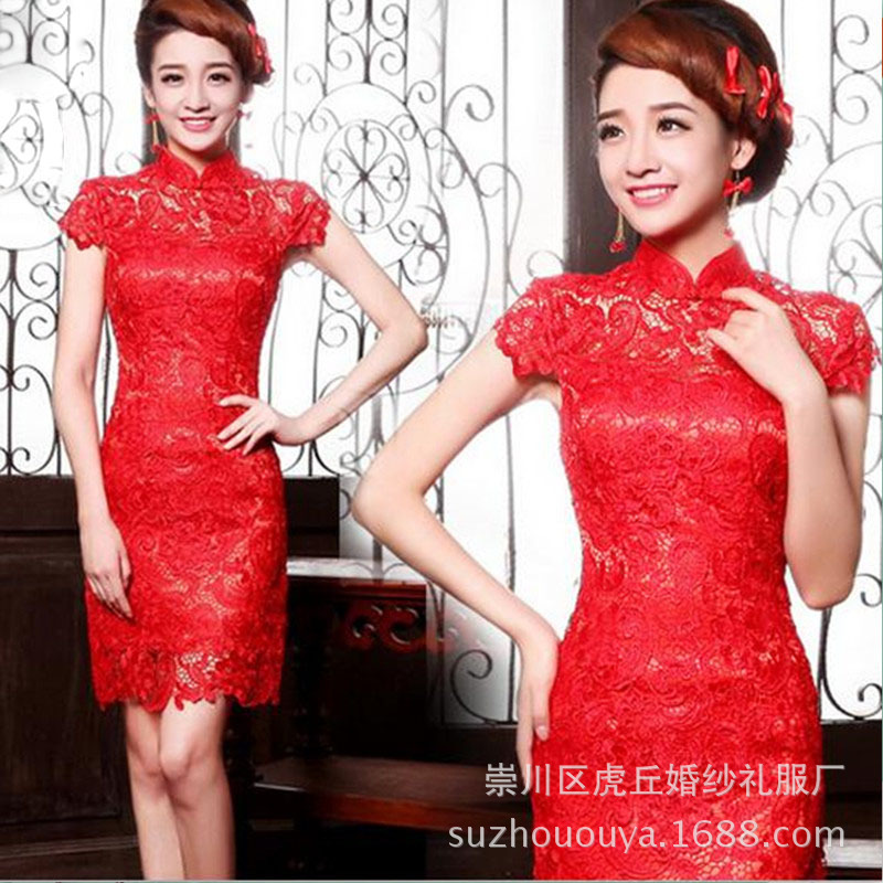 2016新款敬酒服新娘時尚春結婚旗袍婚禮禮服短款夏修身紅色蕾絲女工廠,批發,進口,代購